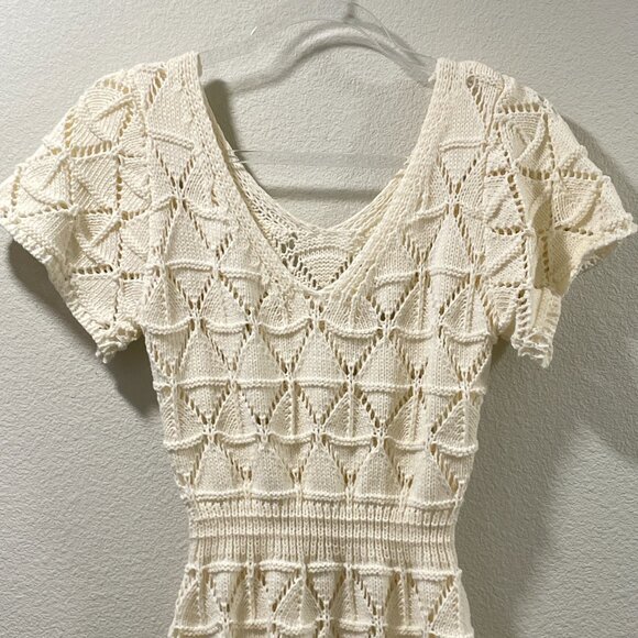 KNIT MIX Crochet Knit Mini Bodycon Short Sleeve Dress, Cream - L - Picture 5 of 9